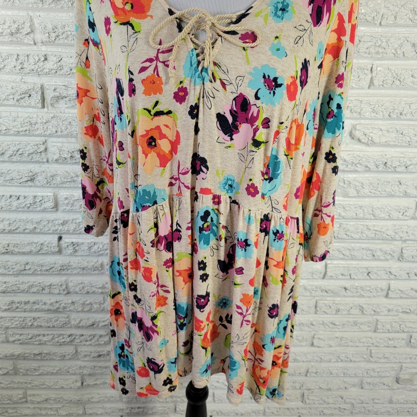 Terra & Sky 1X Plus Tunic Orange Blue Floral Lace Up 3/4 Sleeve Rayon Stretch