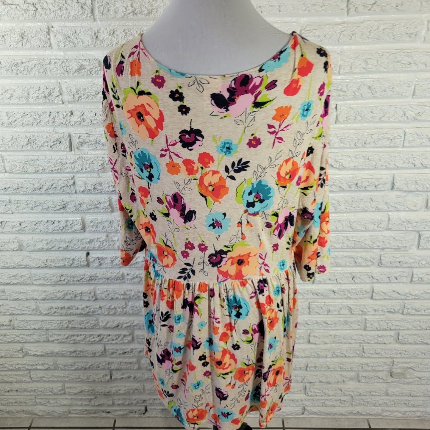 Terra & Sky 1X Plus Tunic Orange Blue Floral Lace Up 3/4 Sleeve Rayon Stretch
