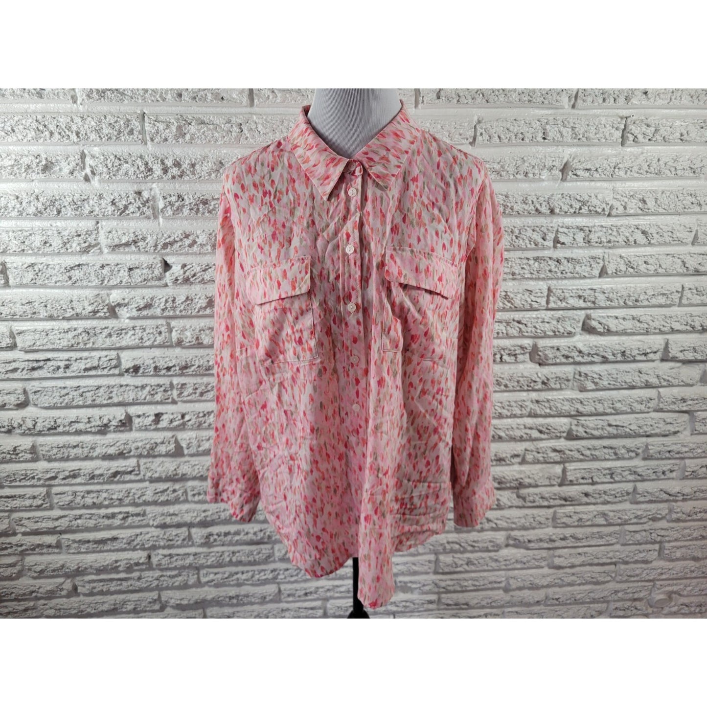 Apt 9 Womens Top 2XPlus  Long Sleeve Polyester Collar Button Up Pink Watercolor