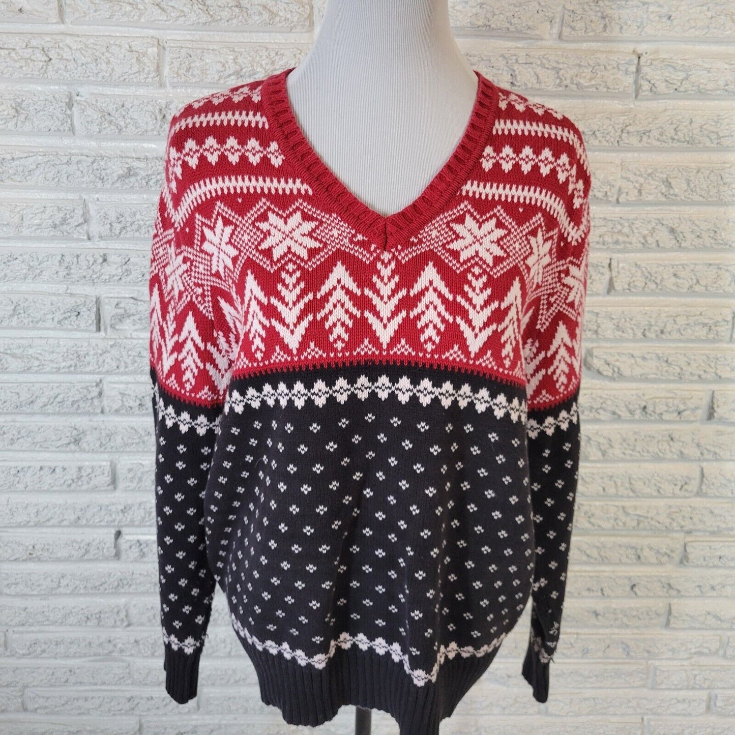 Covington Womens Sweater 16W 18W Plus Long Sleeve Cotton Red Black Fair Isle