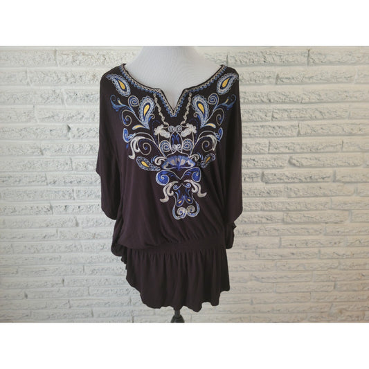 Style & Co Womens Top Extra Large Batwing Sleeve Black Paisley Embroider Casual