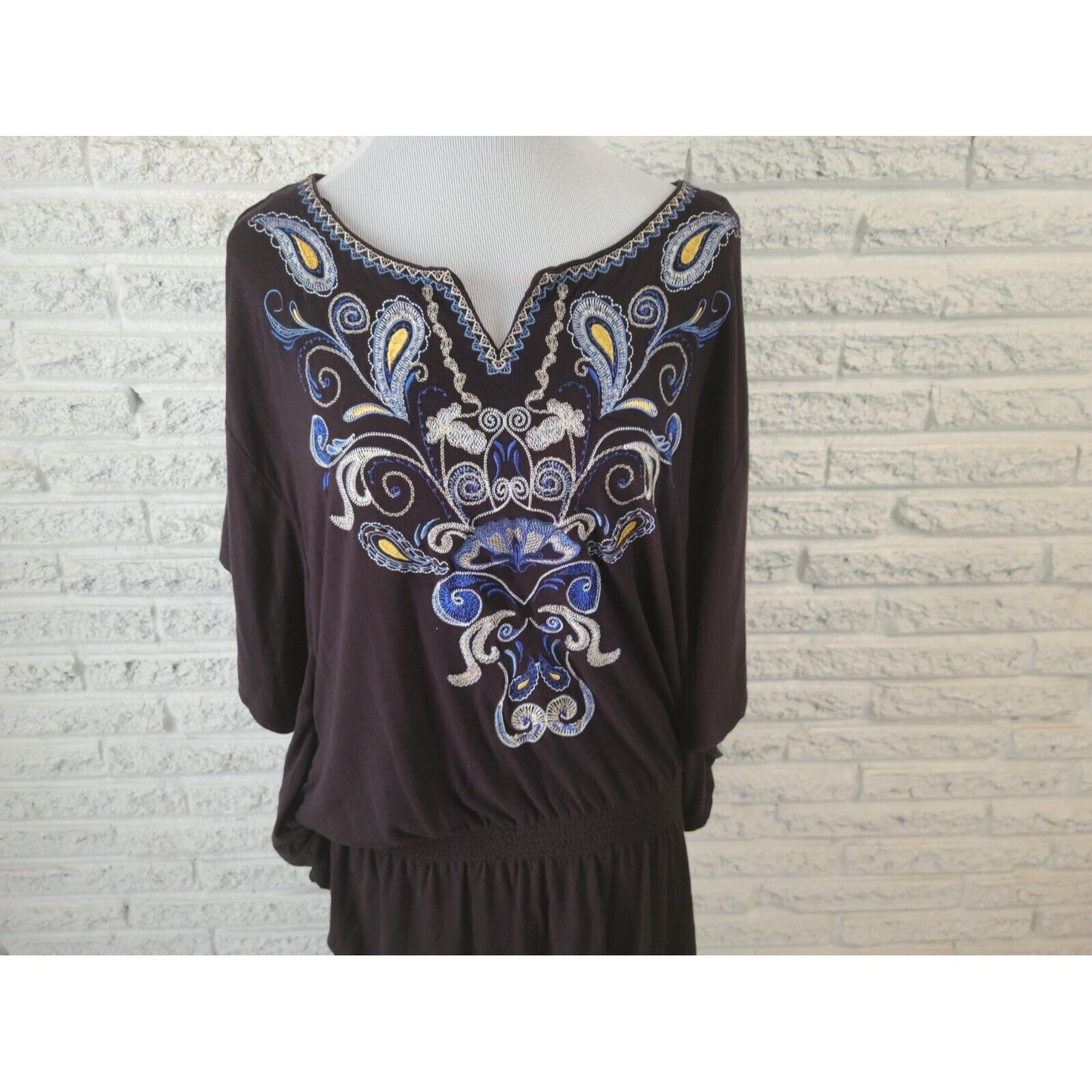 Style & Co Womens Top Extra Large Batwing Sleeve Black Paisley Embroider Casual