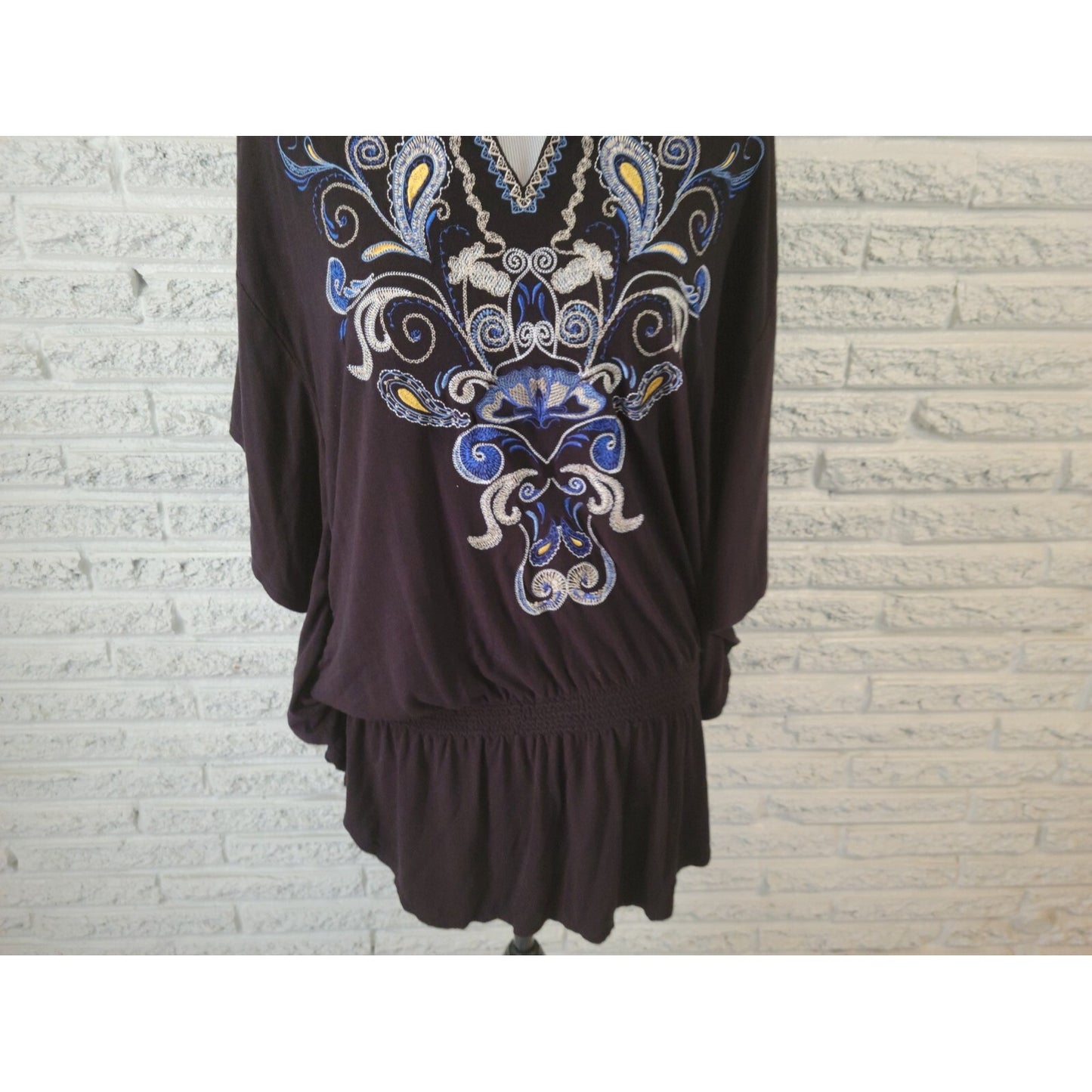 Style & Co Womens Top Extra Large Batwing Sleeve Black Paisley Embroider Casual