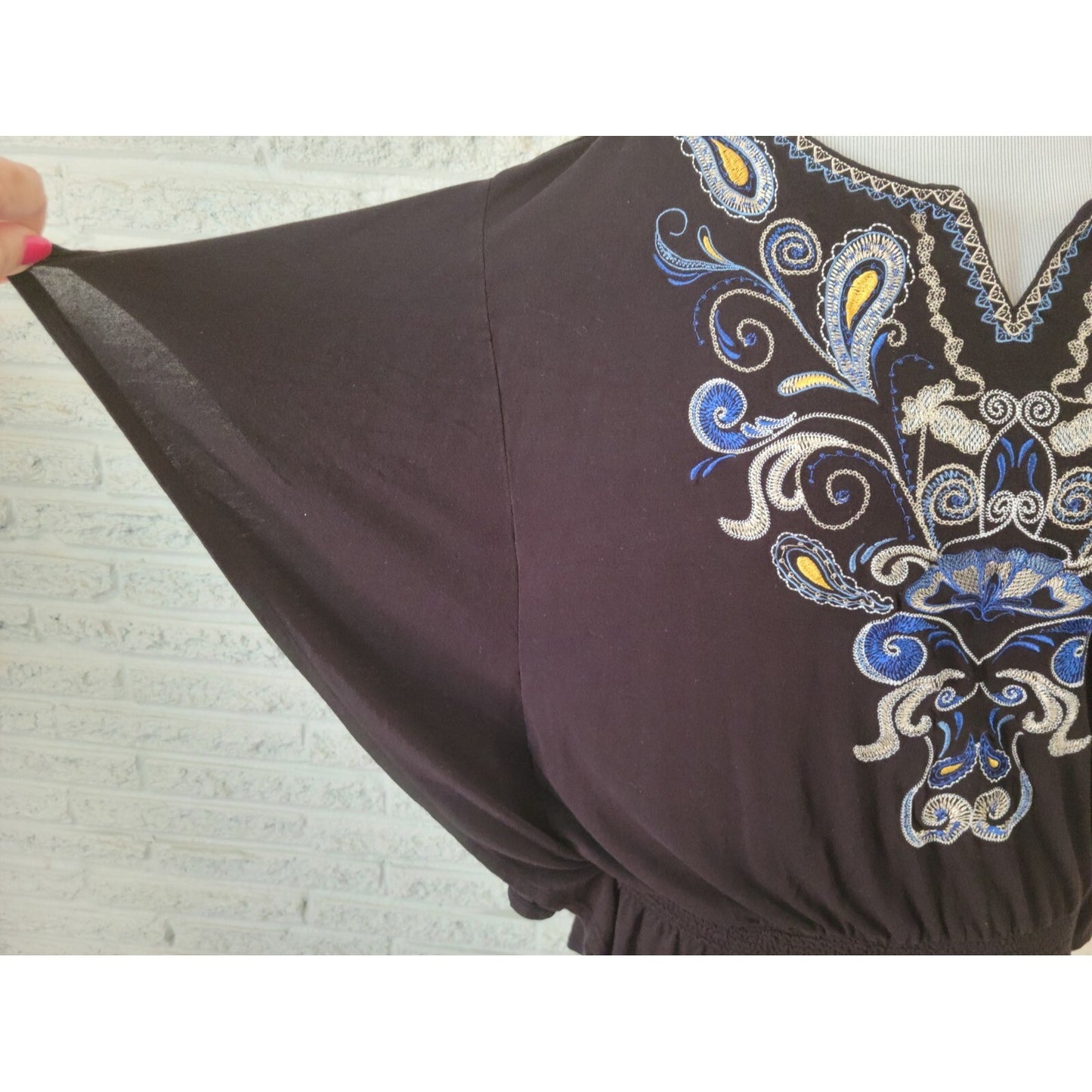 Style & Co Womens Top Extra Large Batwing Sleeve Black Paisley Embroider Casual