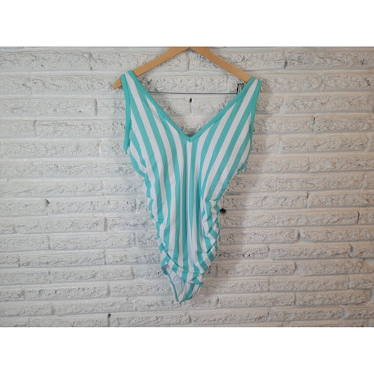 Kona Sol Womens Swimsuit 18W One Piece Plus Bra Adjustable Straps Blue Striped