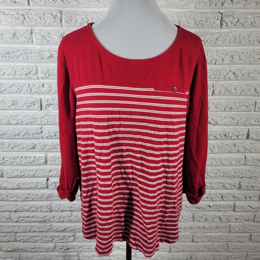 Croft Barrow Womens Top 2X Plus 3/4 Cuff Sleeve Red White Stripe Comfy Casual