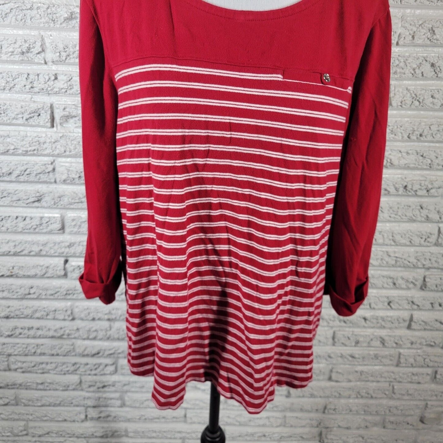 Croft Barrow Womens Top 2X Plus 3/4 Cuff Sleeve Red White Stripe Comfy Casual