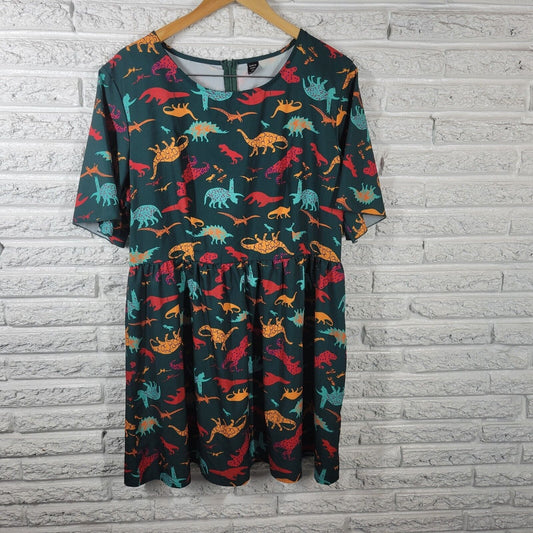 Shein Womens Dress 1XL Mini Fit Flare Dinosaurs Green Zip Lightweight Polyester
