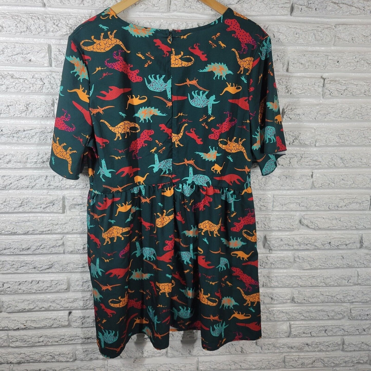 Shein Womens Dress 1XL Mini Fit Flare Dinosaurs Green Zip Lightweight Polyester