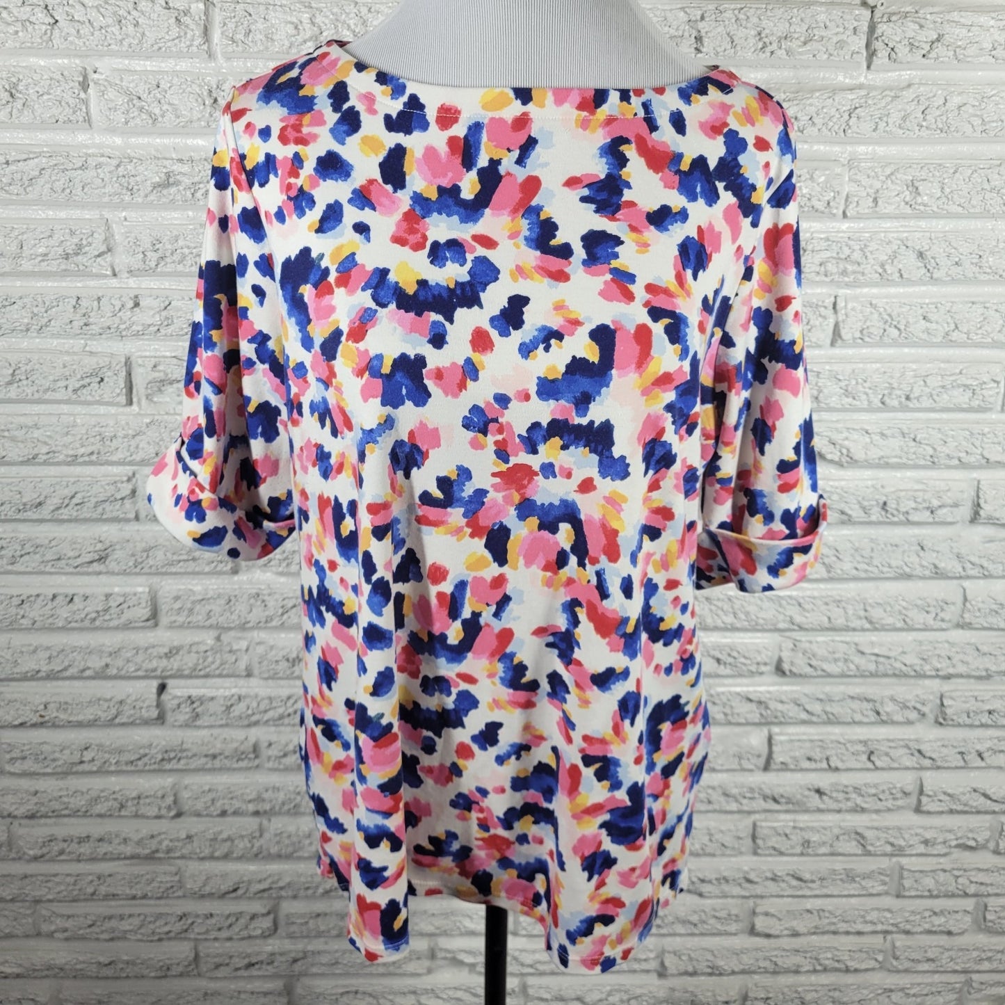 Style & Co 1X Tee Women's Plus Blue Pink Watercolor Short Sleeve Cotton Blend