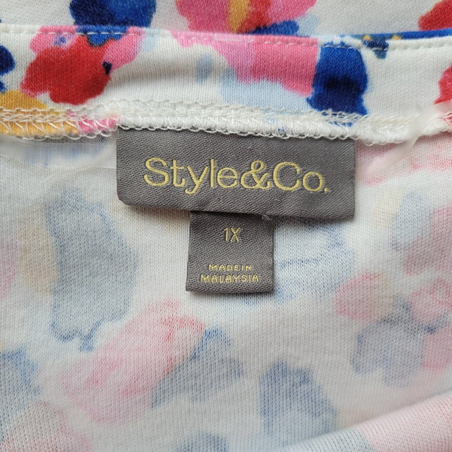 Style & Co 1X Tee Women's Plus Blue Pink Watercolor Short Sleeve Cotton Blend