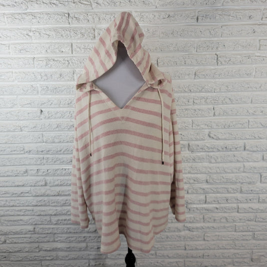 Chaps Womens Top 2X Plus Hoodie Knit Pink White Stripe Comfy Cotton Drawstring