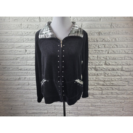 Onque Casuals Womens Jacket Extra Large XL Black Velour Studded Full Zip Casual