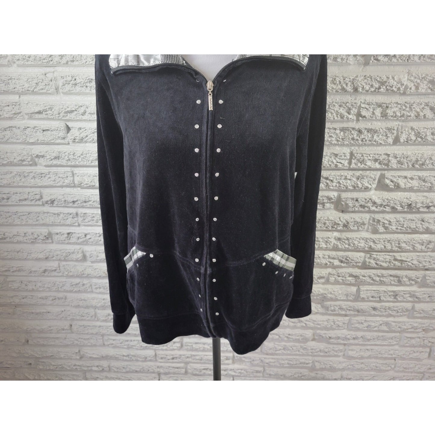 Onque Casuals Womens Jacket Extra Large XL Black Velour Studded Full Zip Casual