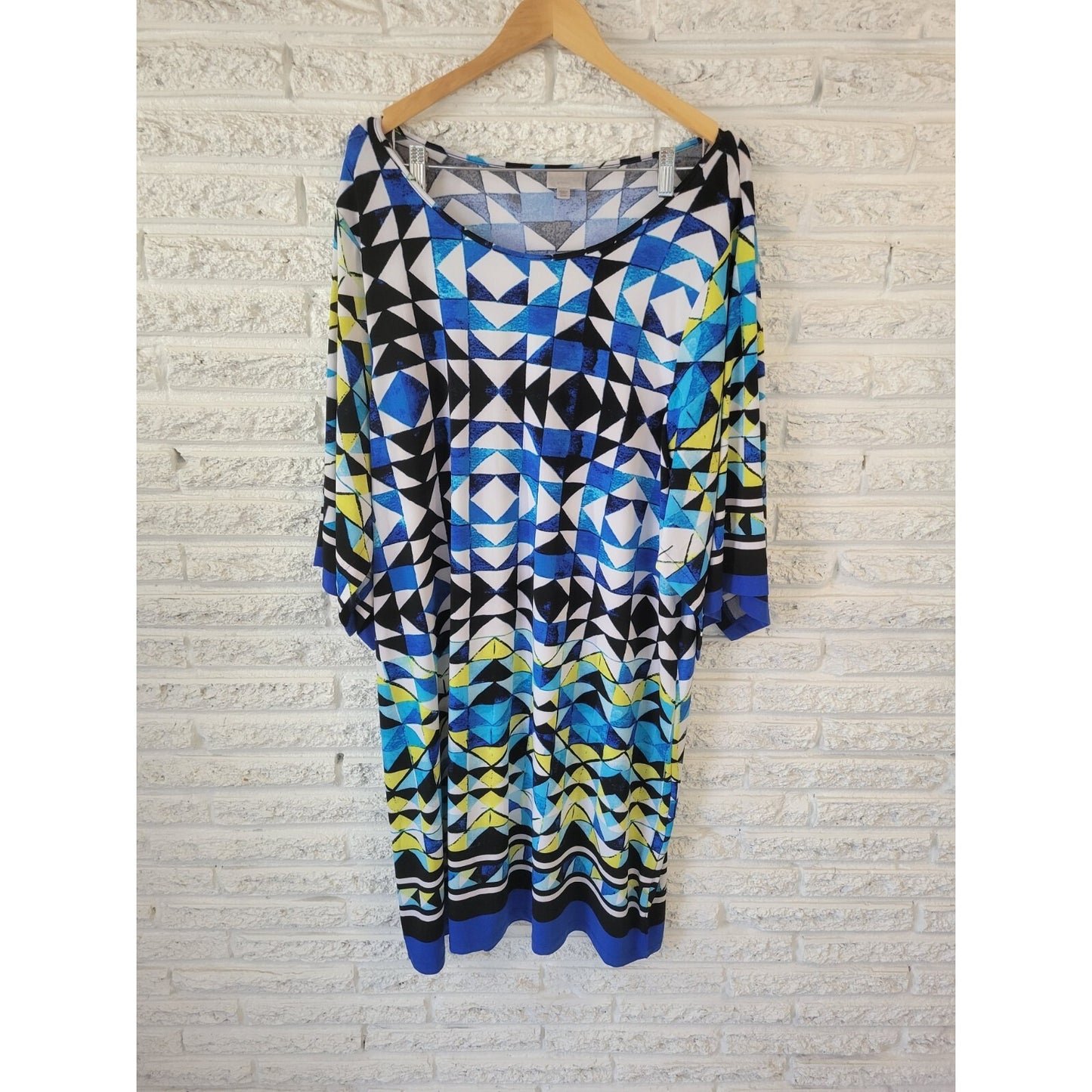 Avenue VIP Knit 22 24 Blue Geometric Knee Length 3/4 Split Sleeve Sheath Dress