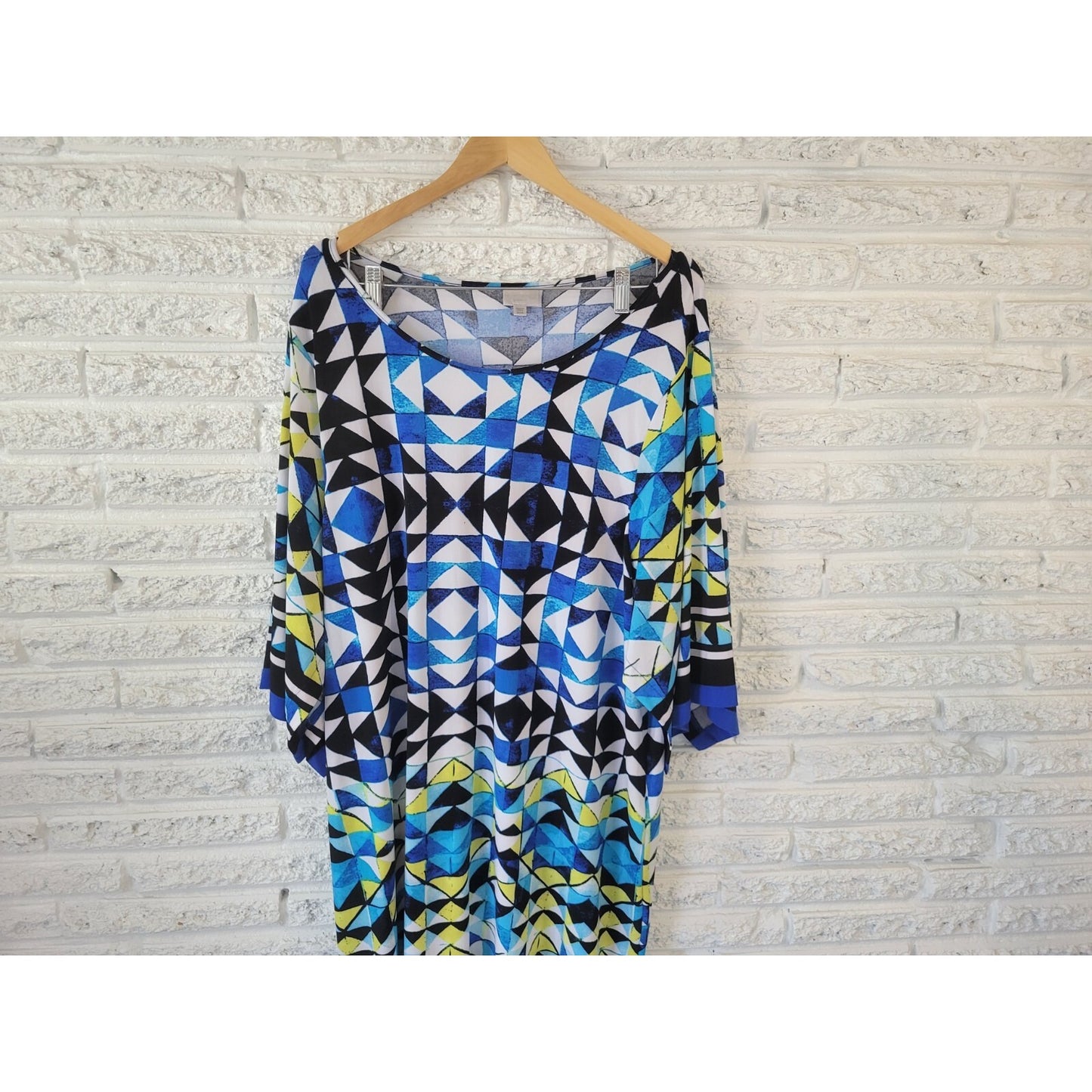 Avenue VIP Knit 22 24 Blue Geometric Knee Length 3/4 Split Sleeve Sheath Dress