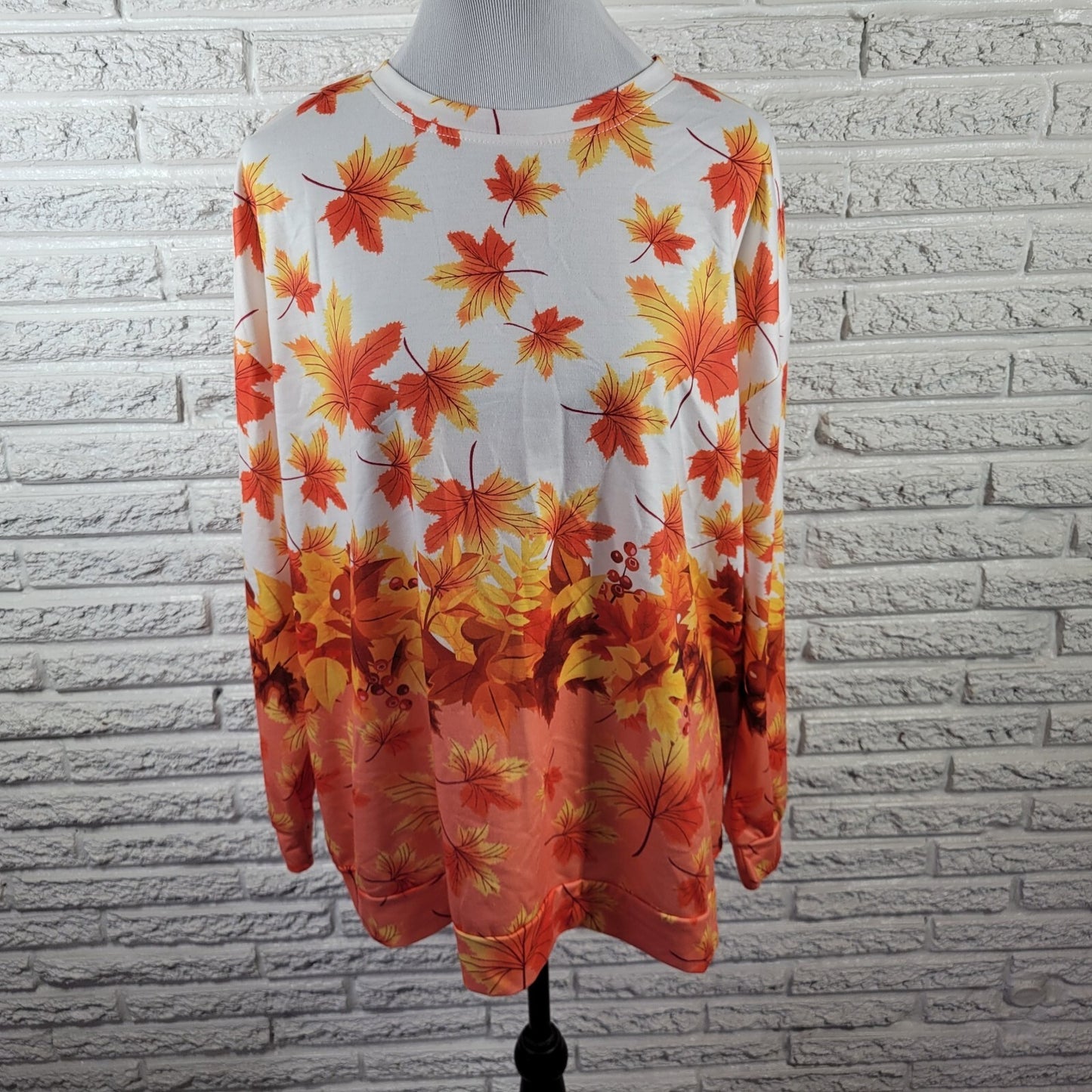 Autumn Leaves Berries Women Top 2XL Plus Tee Long Sleeve Polyester Orange White