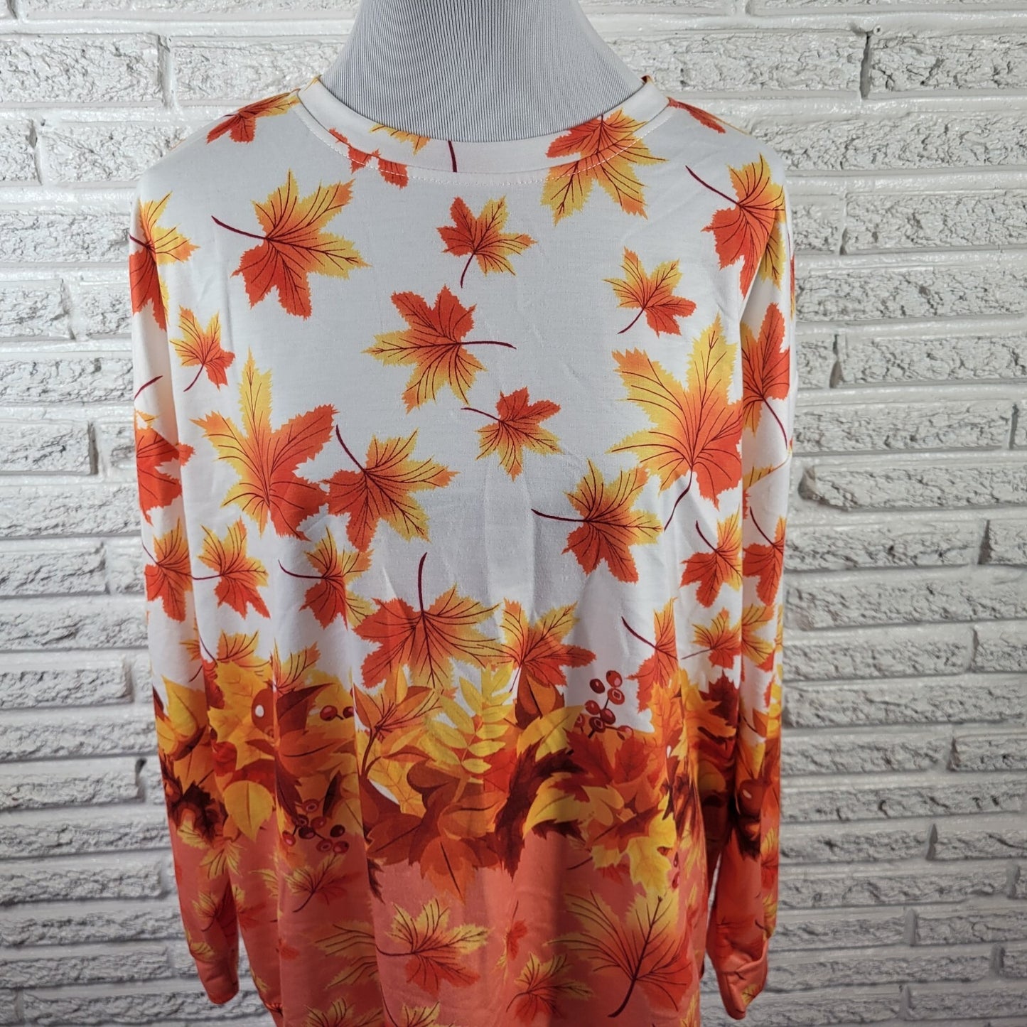 Autumn Leaves Berries Women Top 2XL Plus Tee Long Sleeve Polyester Orange White