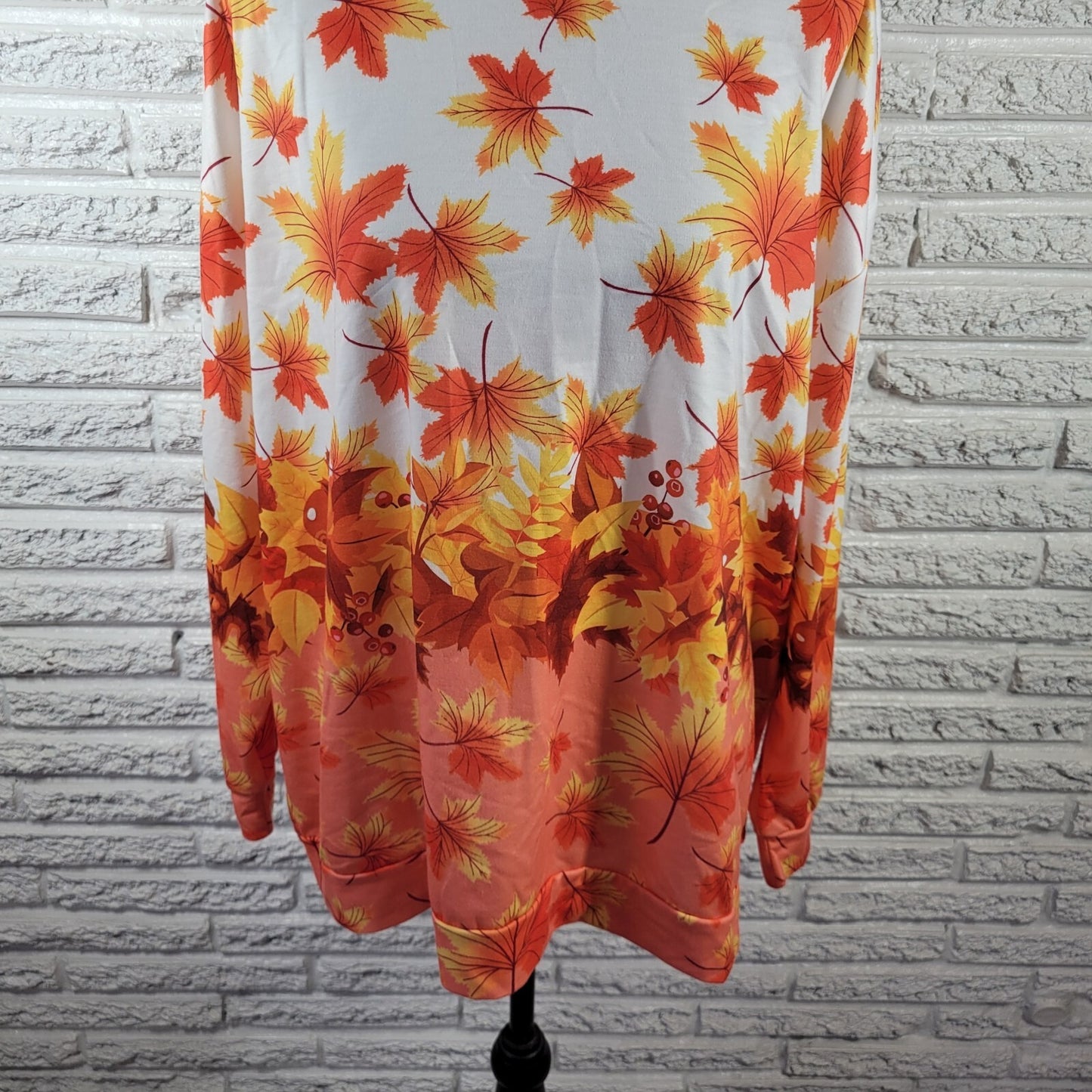 Autumn Leaves Berries Women Top 2XL Plus Tee Long Sleeve Polyester Orange White