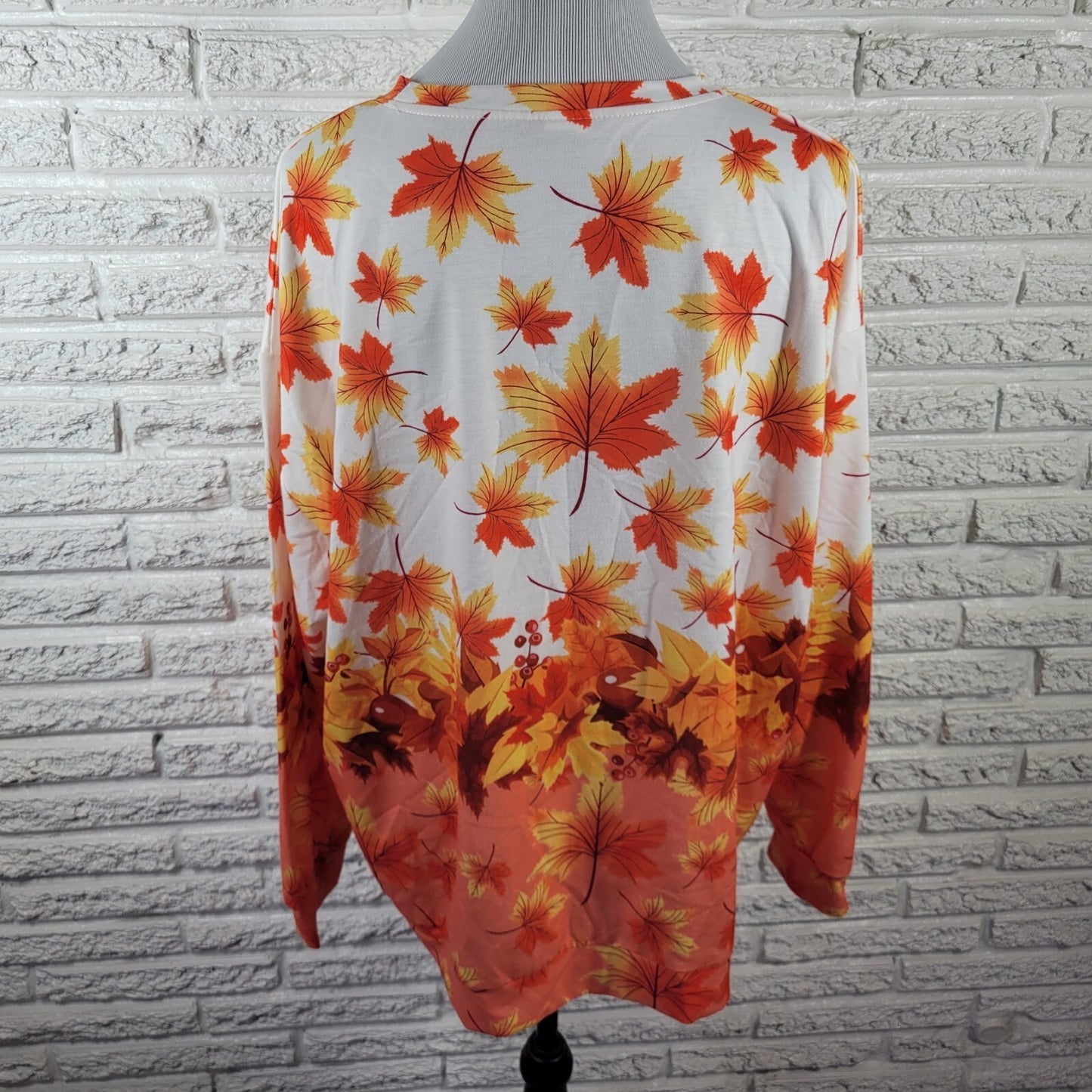 Autumn Leaves Berries Women Top 2XL Plus Tee Long Sleeve Polyester Orange White