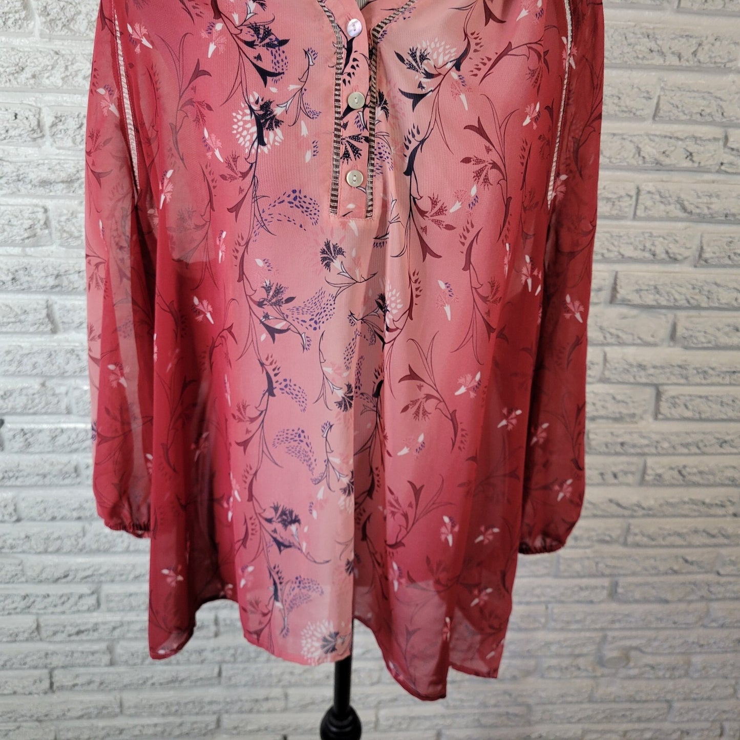 Style Co Women Top Extra Large XL Long Sleeve Red Pink Floral Crochet Trim Sheer