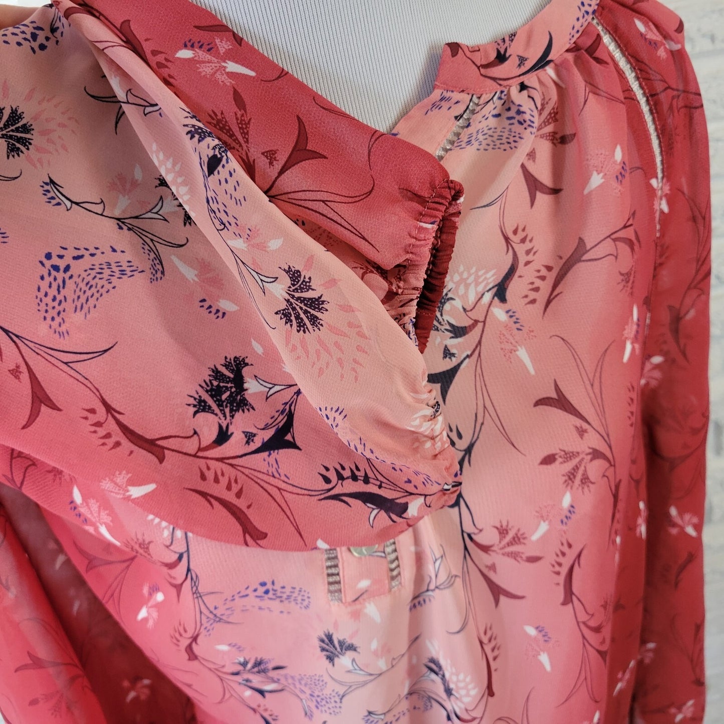 Style Co Women Top Extra Large XL Long Sleeve Red Pink Floral Crochet Trim Sheer