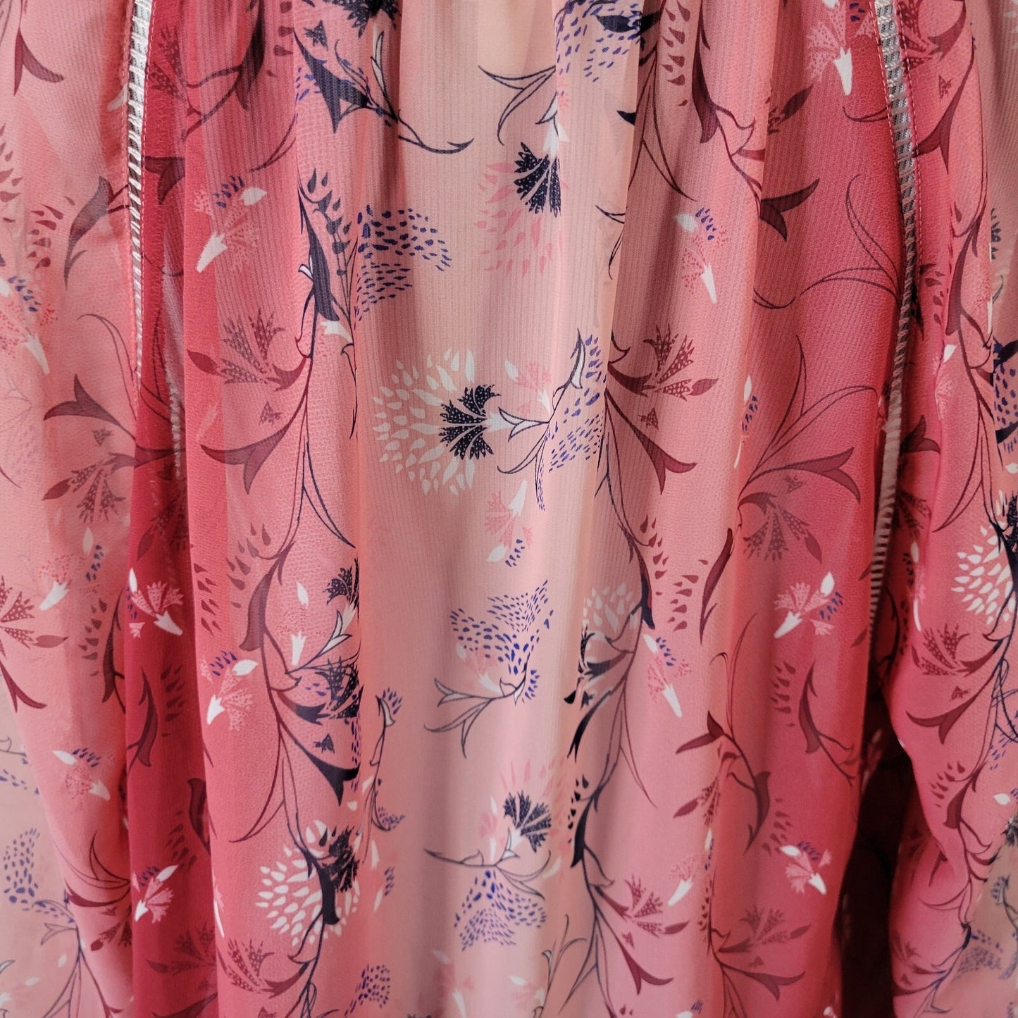 Style Co Women Top Extra Large XL Long Sleeve Red Pink Floral Crochet Trim Sheer