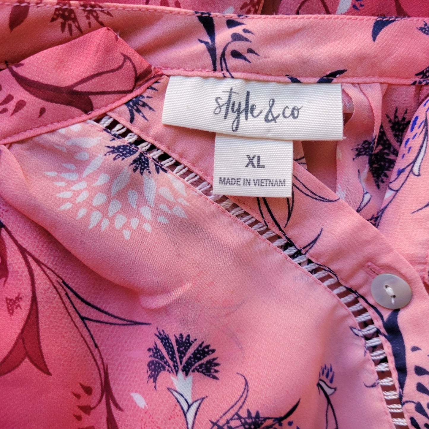 Style Co Women Top Extra Large XL Long Sleeve Red Pink Floral Crochet Trim Sheer