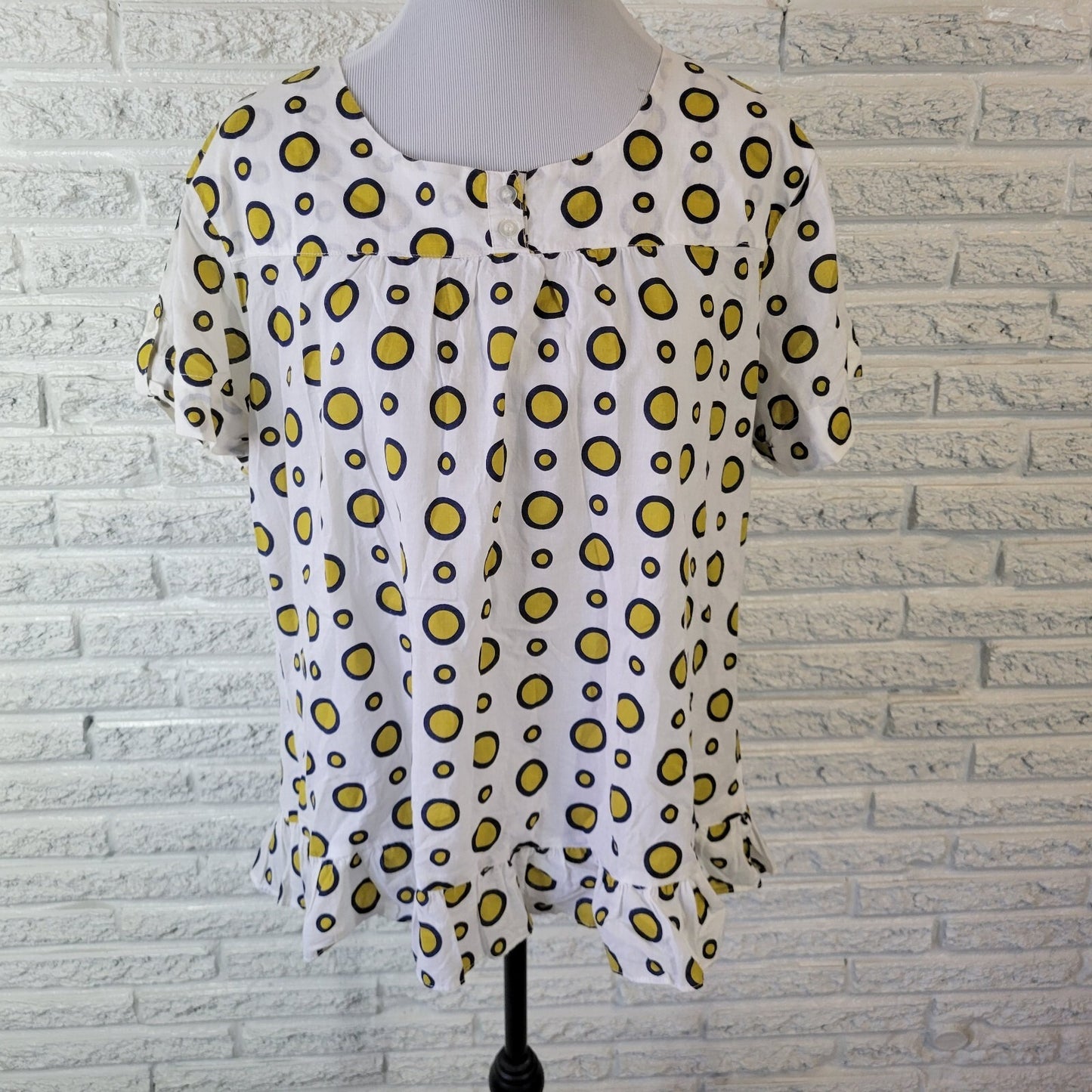 Contact Plus NY Women's 2X Yellow Geometric Ruffle Button Up Cotton Top