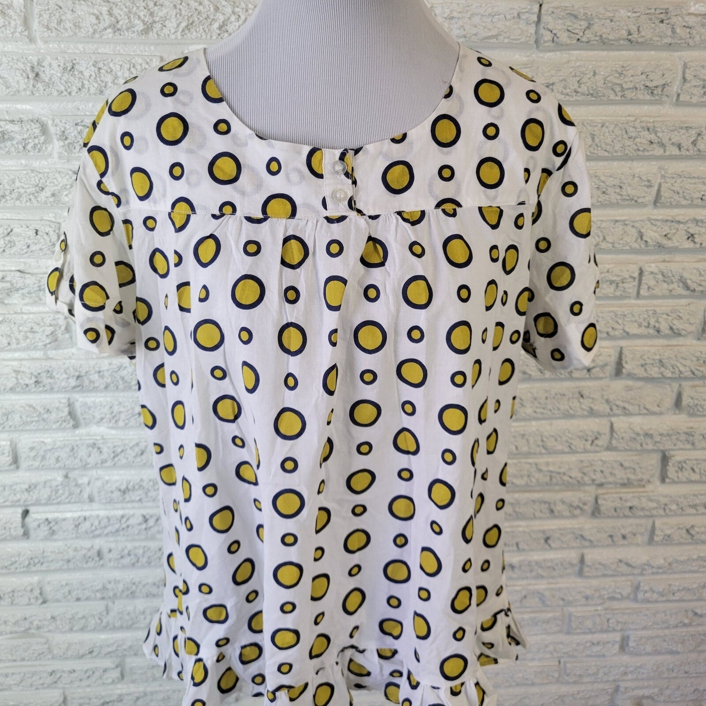 Contact Plus NY Women's 2X Yellow Geometric Ruffle Button Up Cotton Top