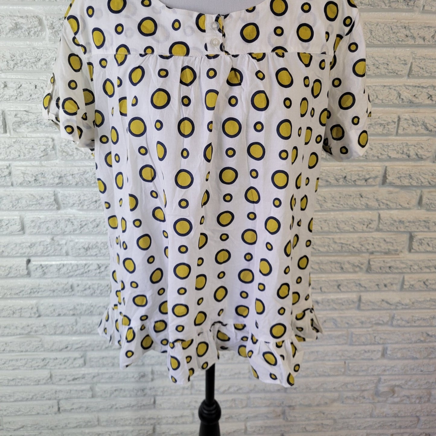 Contact Plus NY Women's 2X Yellow Geometric Ruffle Button Up Cotton Top
