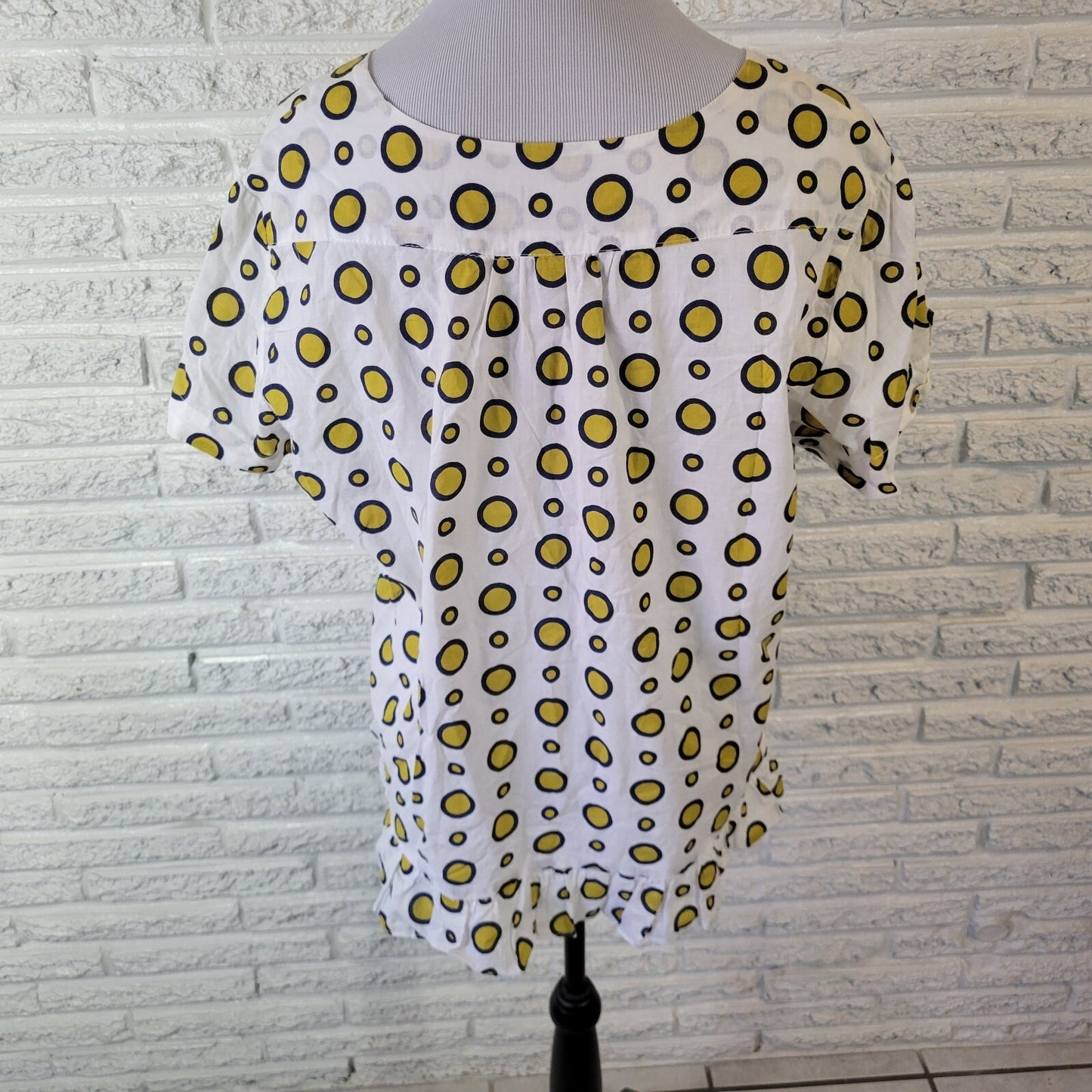 Contact Plus NY Women's 2X Yellow Geometric Ruffle Button Up Cotton Top