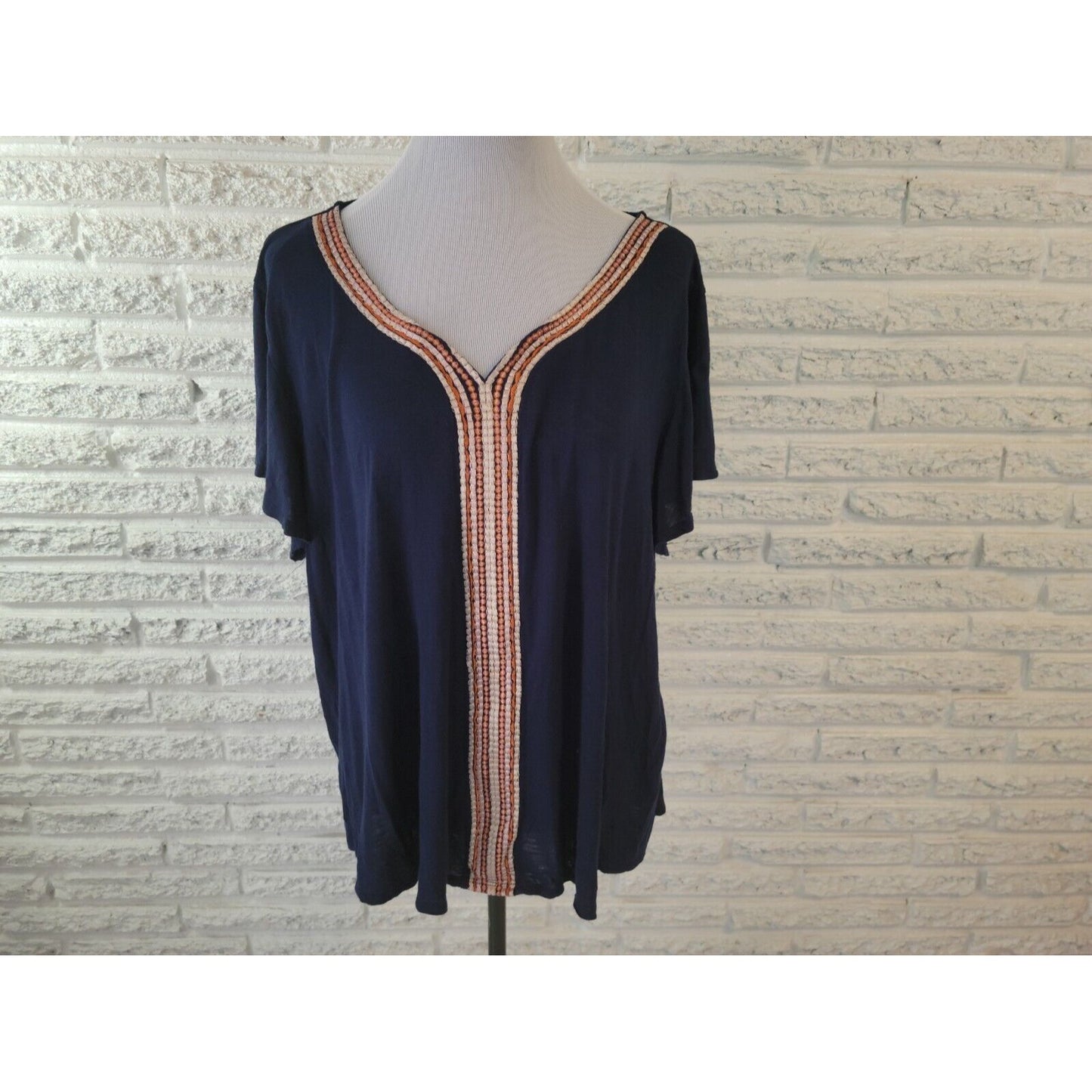 Bobeau Womens Top 2X Plus Pullover Short Sleeve Blue Rayon Semi Sheer Embroider