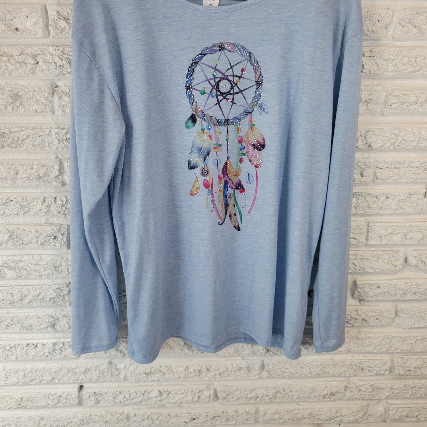 Sunshirt Women Top XXL Plus Tee Blue Dream Catcher Comfy Lightweight Rhinestones