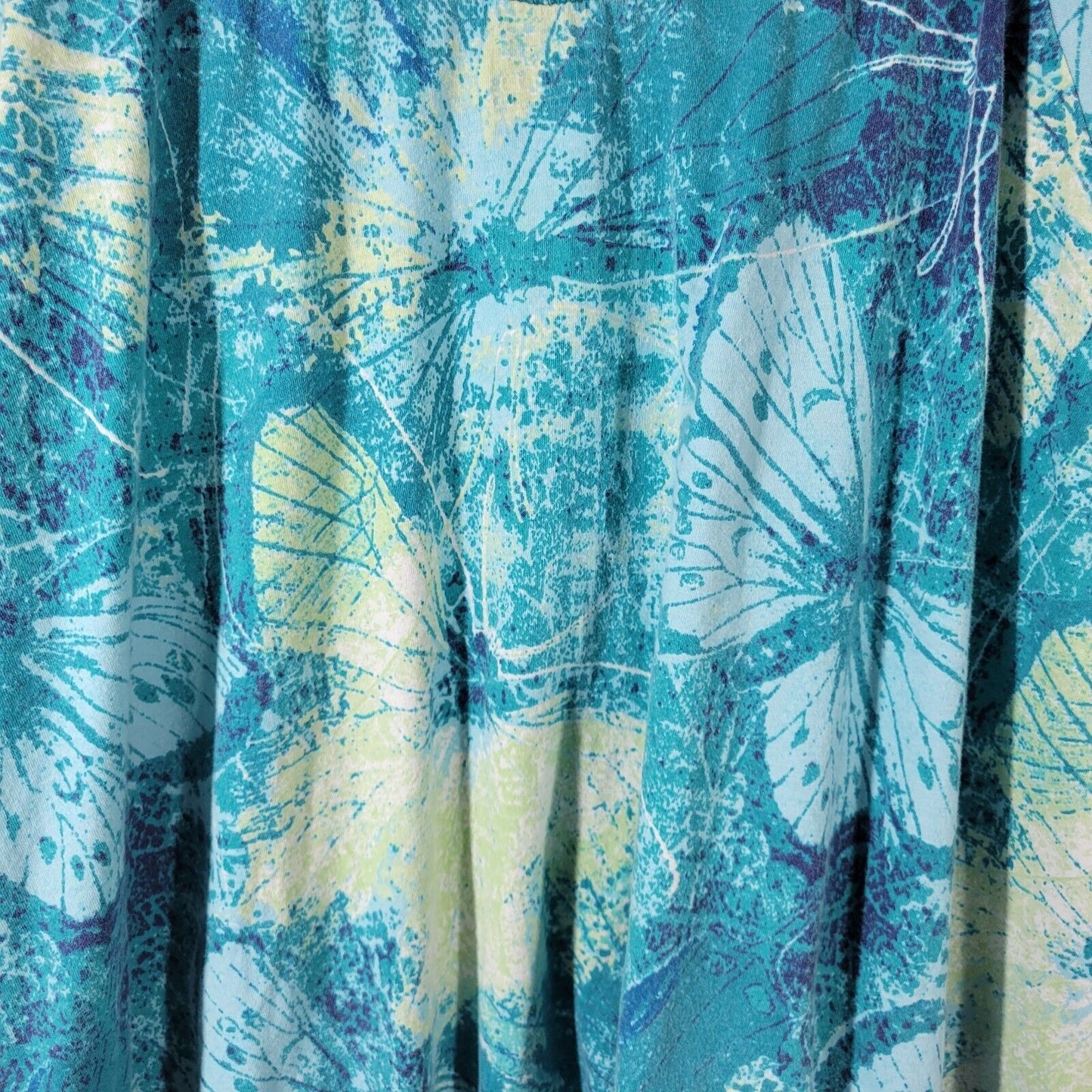 Basic Editions Women Top 3X Plus Peplum Blue Tie Dye Butterflies Cotton Keyhole