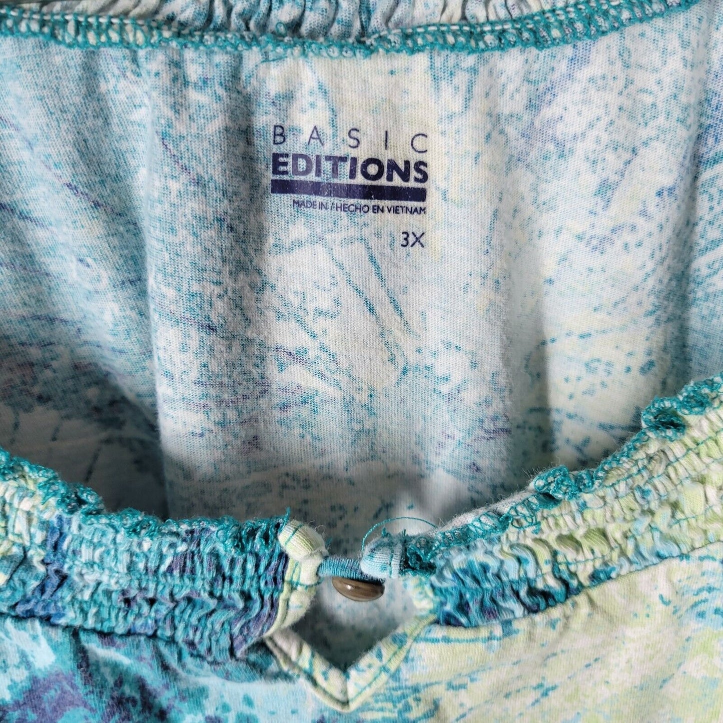 Basic Editions Women Top 3X Plus Peplum Blue Tie Dye Butterflies Cotton Keyhole