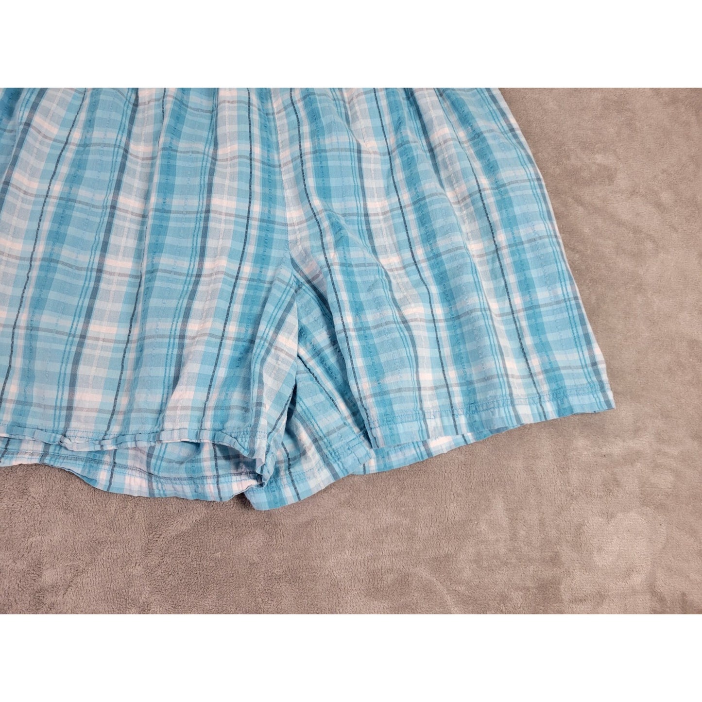 Roamans Women Shorts 30W Plus Blue Plaid Elastic Waist Seersucker Pockets Cotton