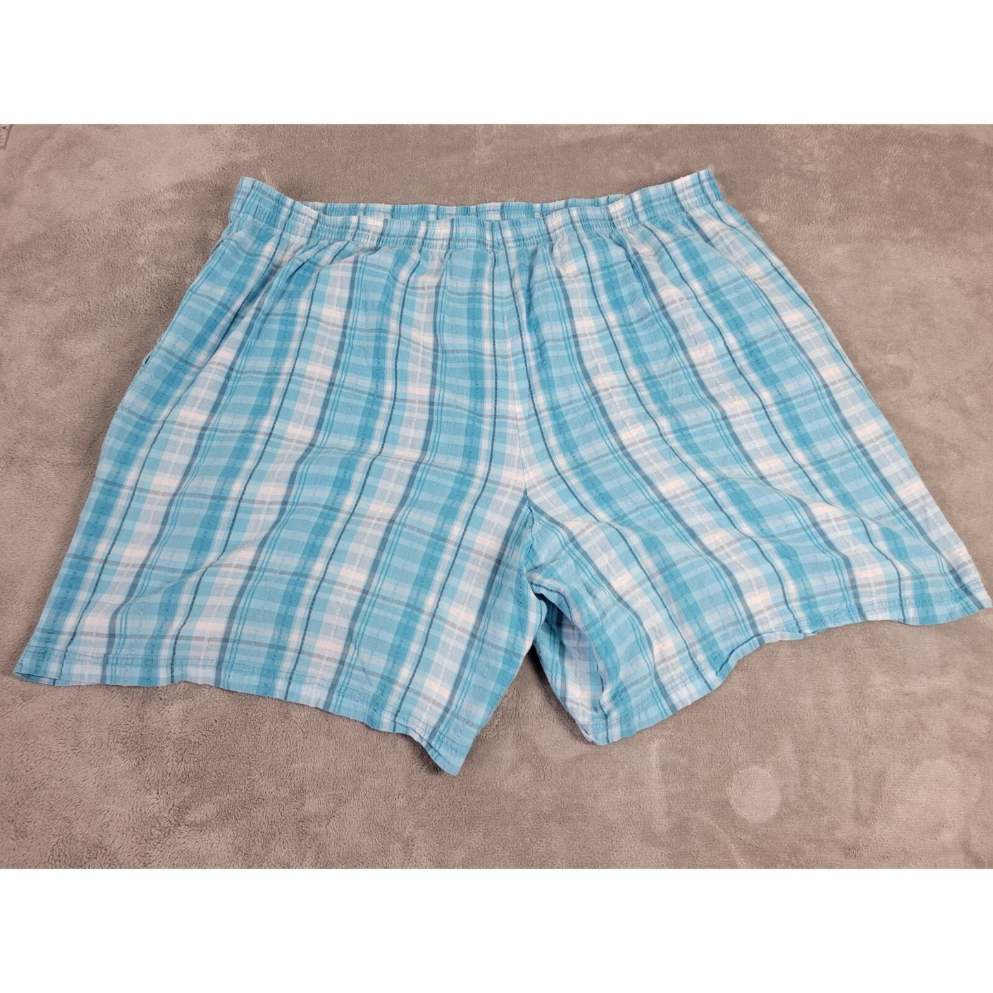 Roamans Women Shorts 30W Plus Blue Plaid Elastic Waist Seersucker Pockets Cotton