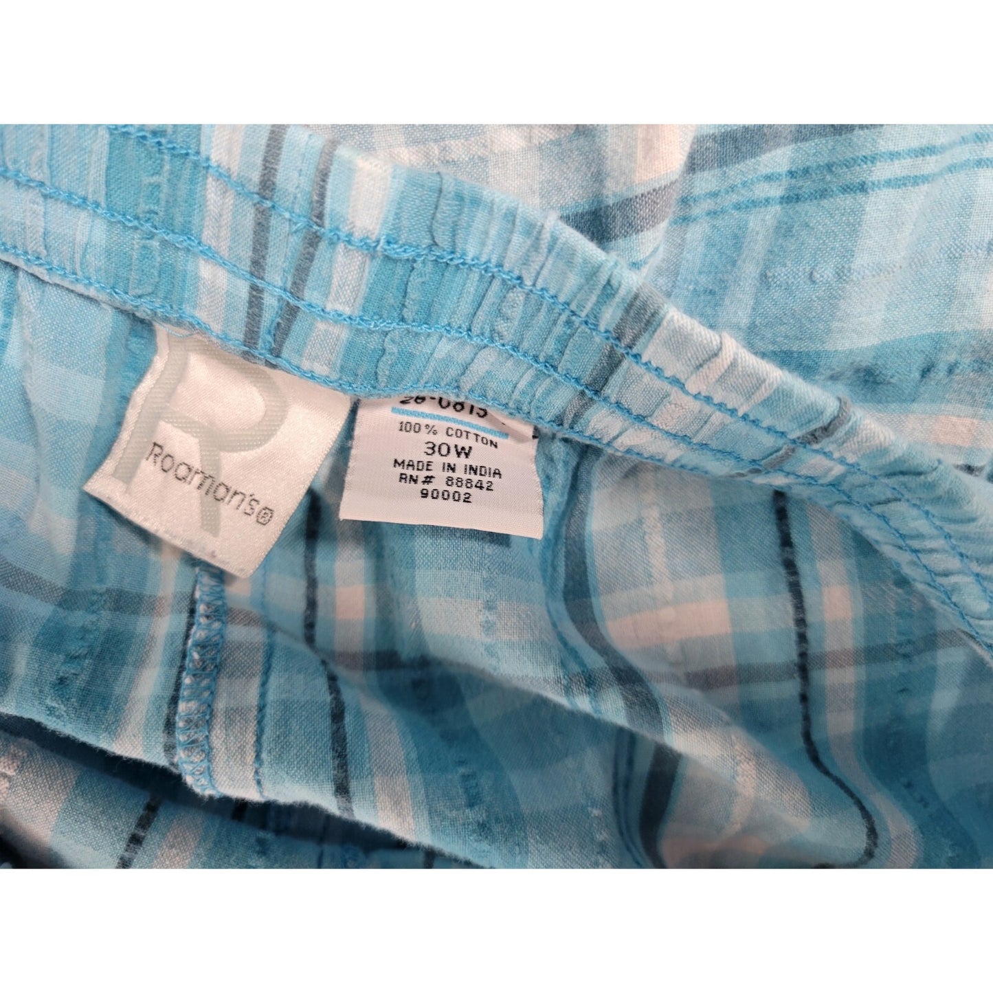 Roamans Women Shorts 30W Plus Blue Plaid Elastic Waist Seersucker Pockets Cotton