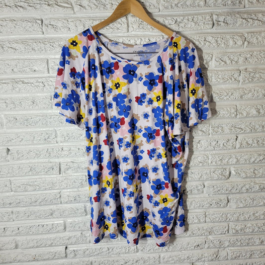 CW Classics Womens Top 3X Plus Tee Flutter Sleeve Blue Pink Floral Lightweight