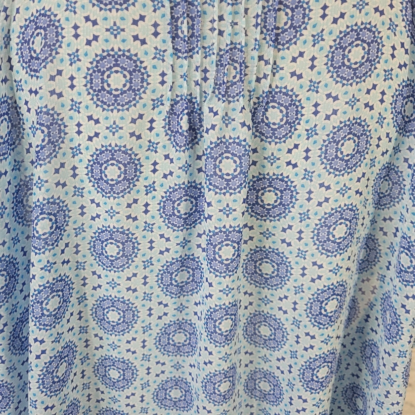 Woman Within Women's 2X Plus Blue Geometric Sheer Tunic Top Cap Sleeve Crochet