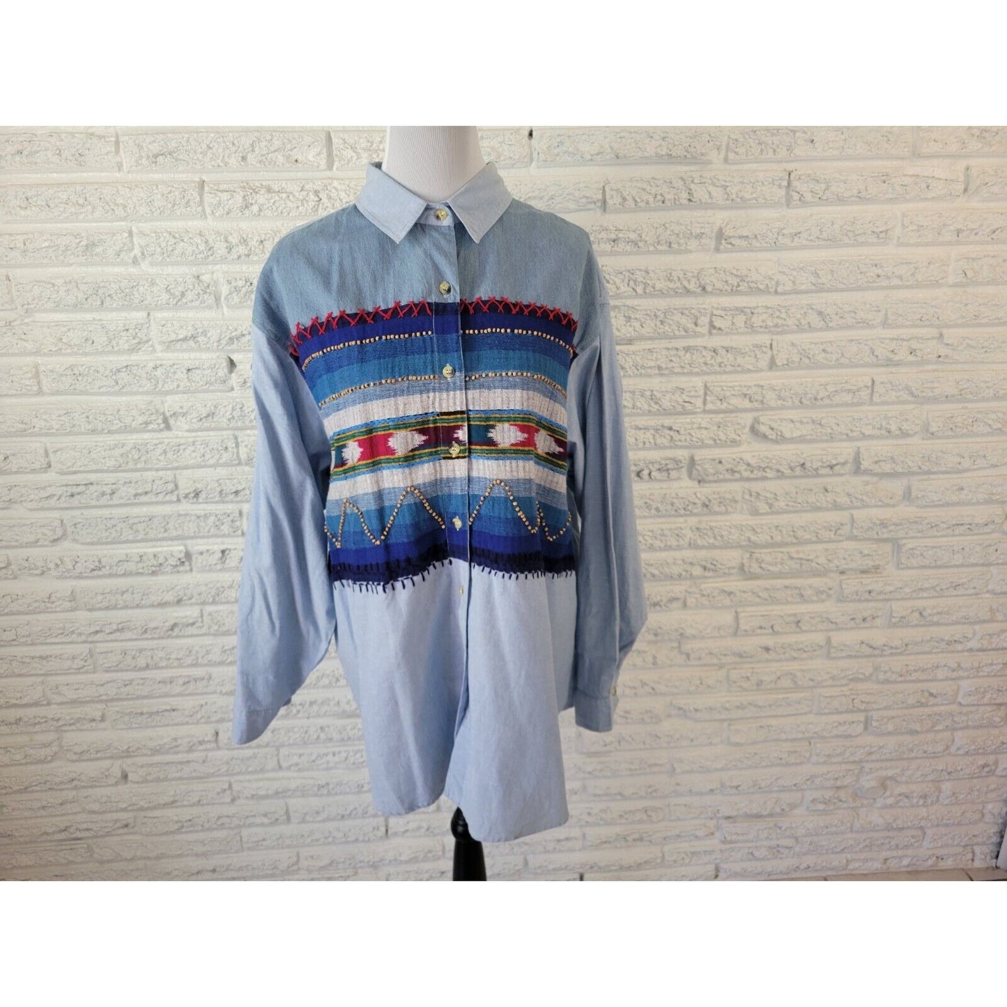 Victoria Jones Womens Shirt 24W Plus Long Sleeve Blue Cotton Tribal Southwestern