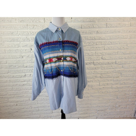 Victoria Jones Womens Shirt 24W Plus Long Sleeve Blue Cotton Tribal Southwestern