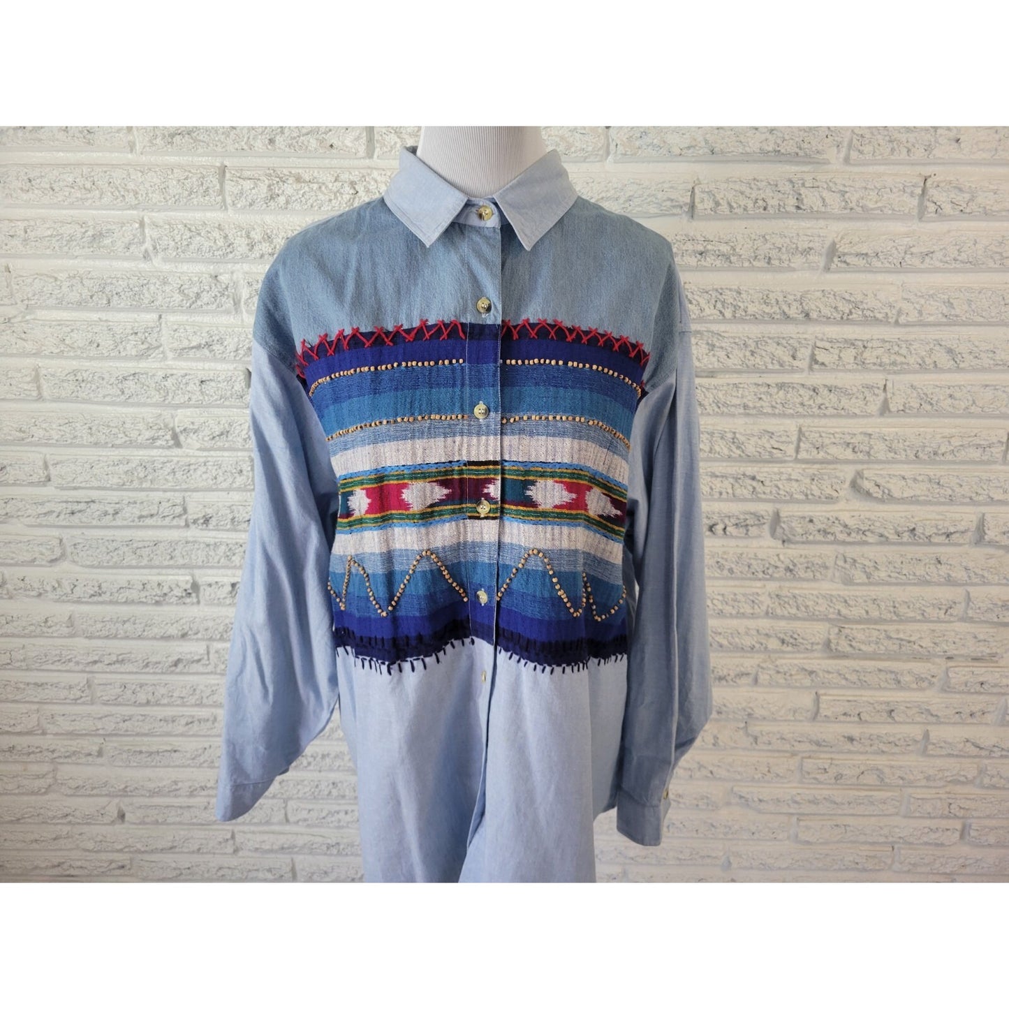 Victoria Jones Womens Shirt 24W Plus Long Sleeve Blue Cotton Tribal Southwestern