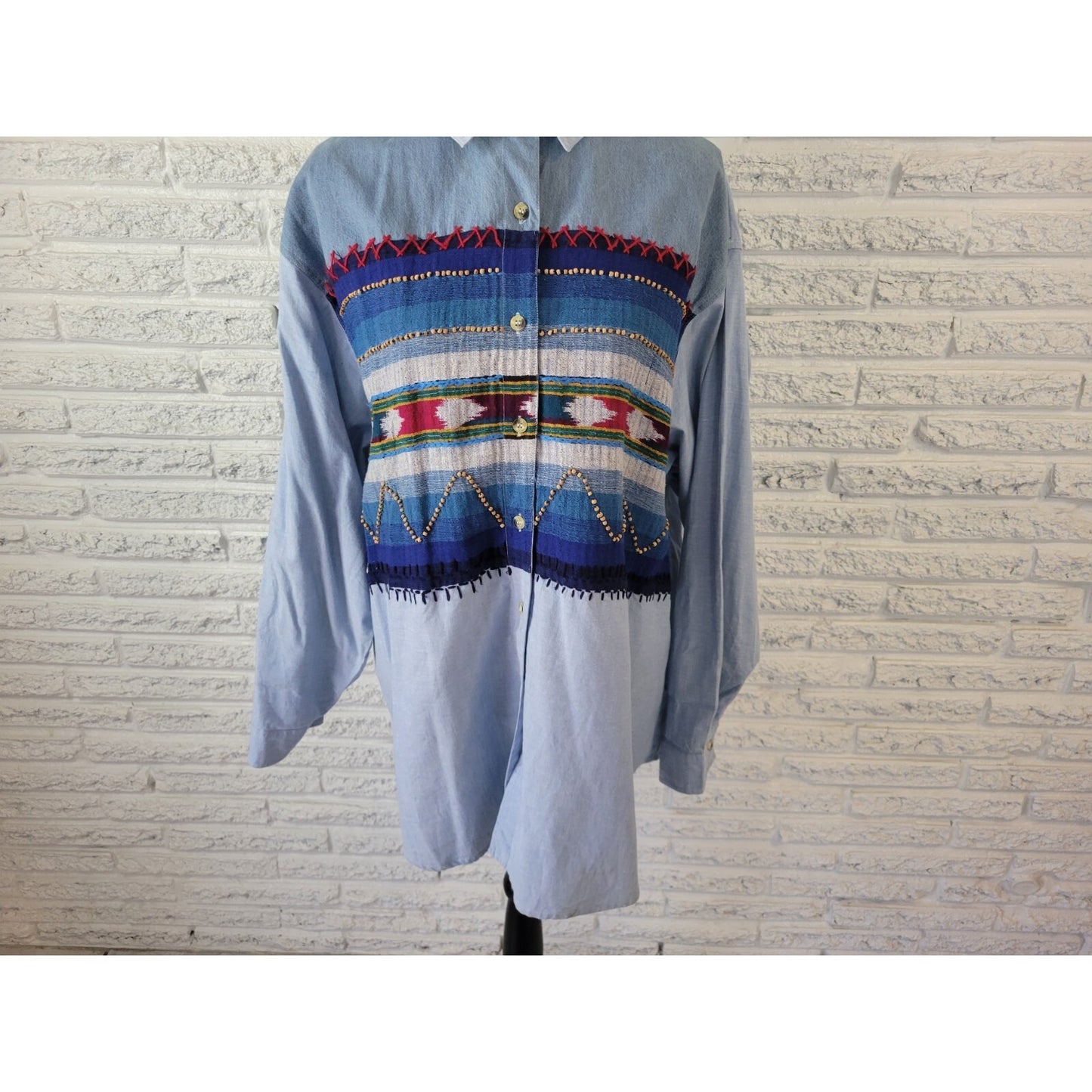 Victoria Jones Womens Shirt 24W Plus Long Sleeve Blue Cotton Tribal Southwestern