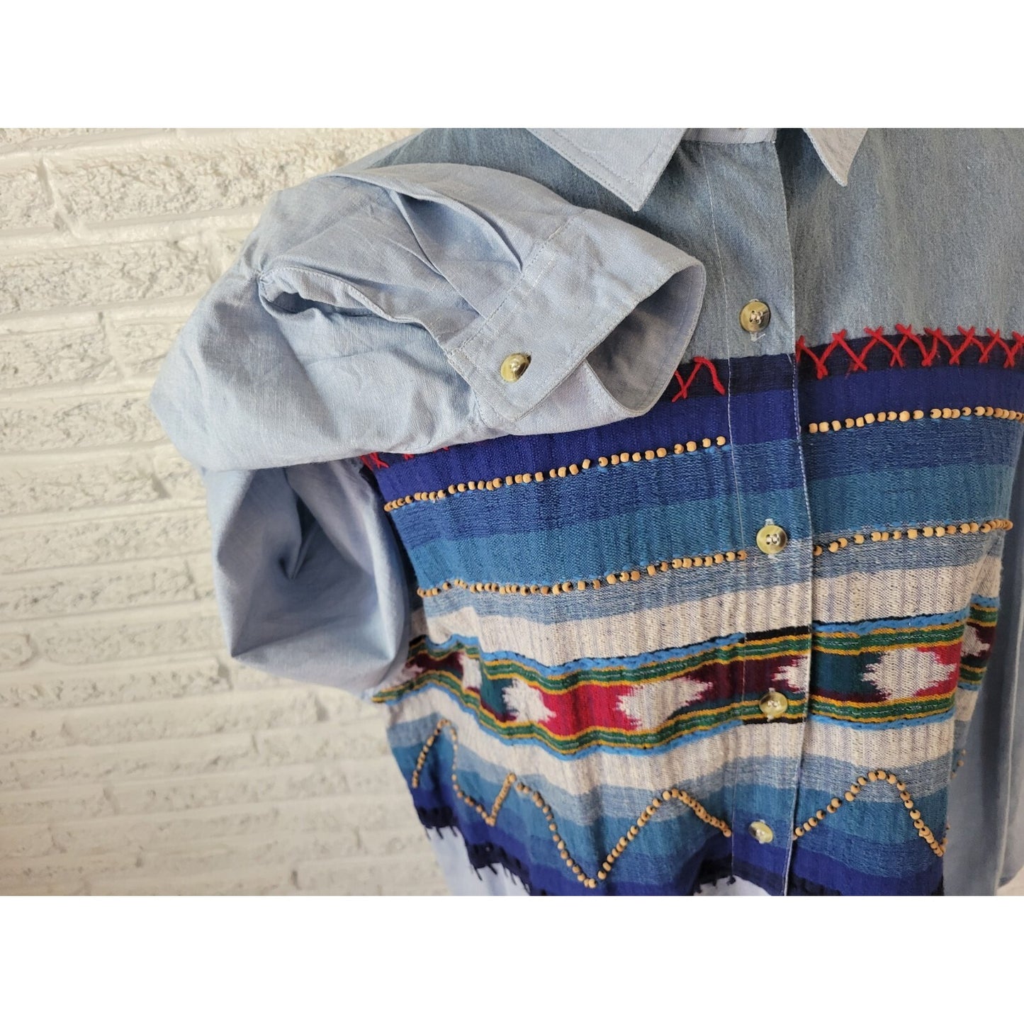 Victoria Jones Womens Shirt 24W Plus Long Sleeve Blue Cotton Tribal Southwestern