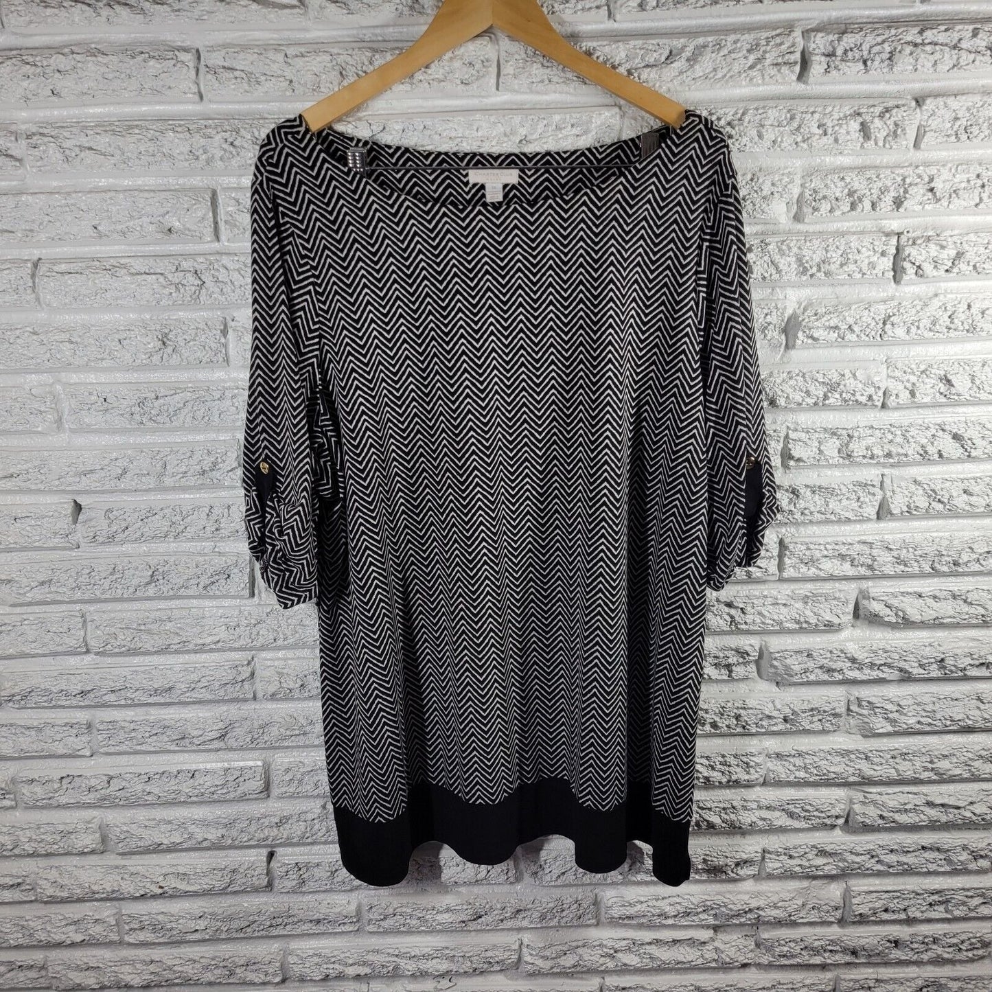 Charter Club Women Top 3X Plus Tunic Cuff Sleeve Poly Blend Black White Zig Zag