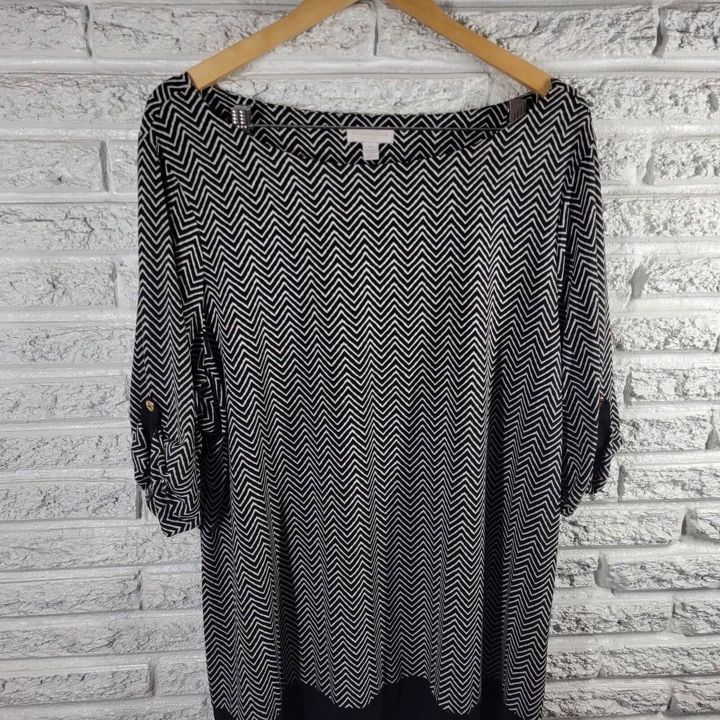 Charter Club Women Top 3X Plus Tunic Cuff Sleeve Poly Blend Black White Zig Zag