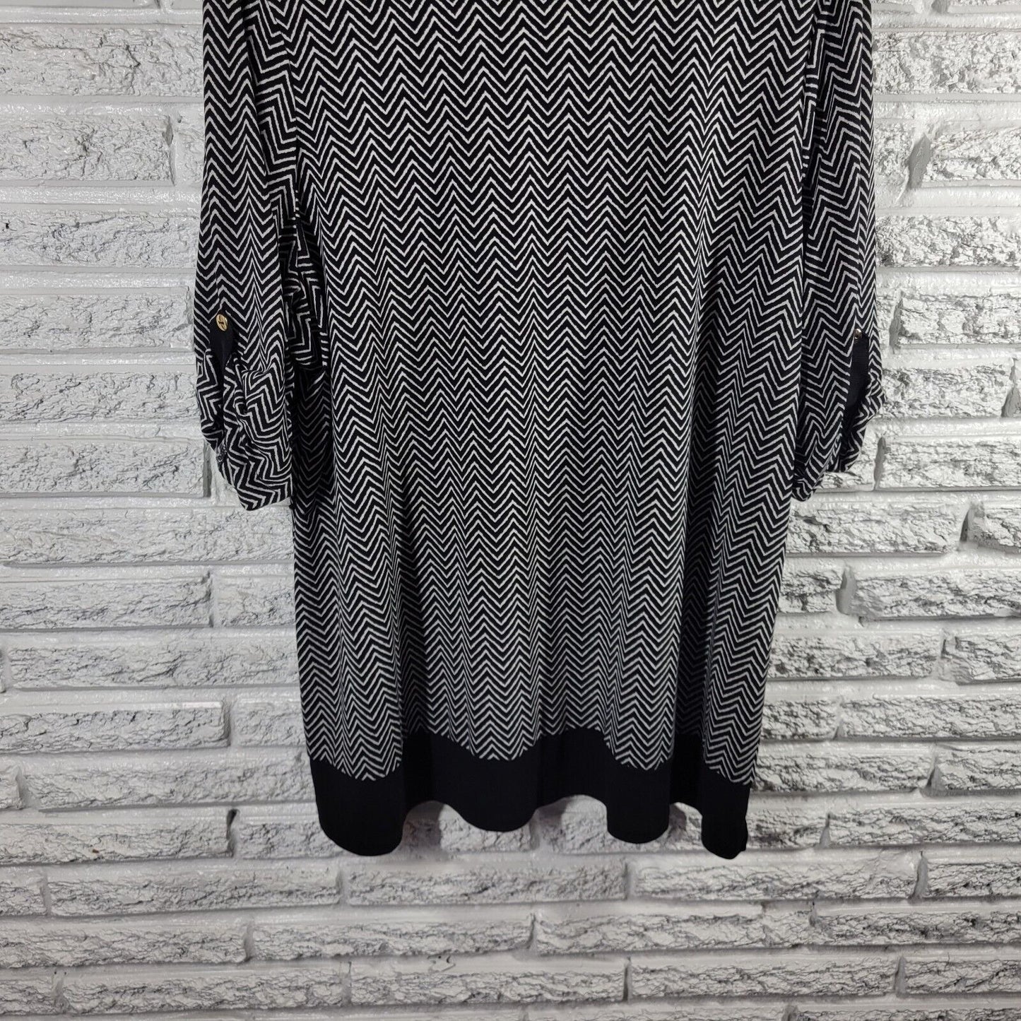 Charter Club Women Top 3X Plus Tunic Cuff Sleeve Poly Blend Black White Zig Zag