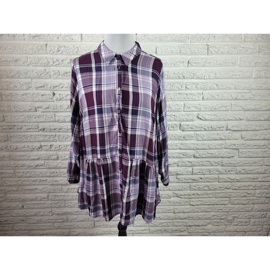 Catherines Womens Top 0X Plus Long Roll Tab Sleeve Purple Plaid Ruffle Rayon